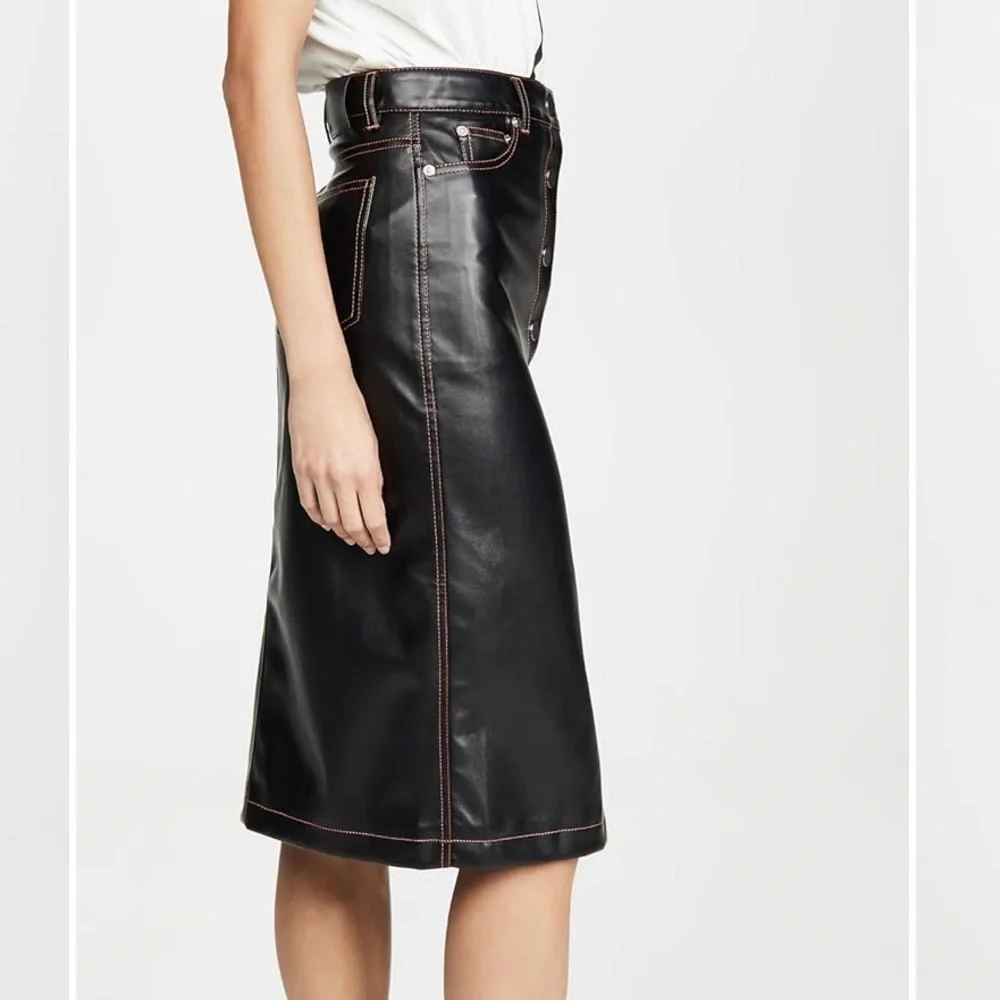 Proenza Schouler NEW Leather Midi Skirt. Black brown top stitching. Sz 2